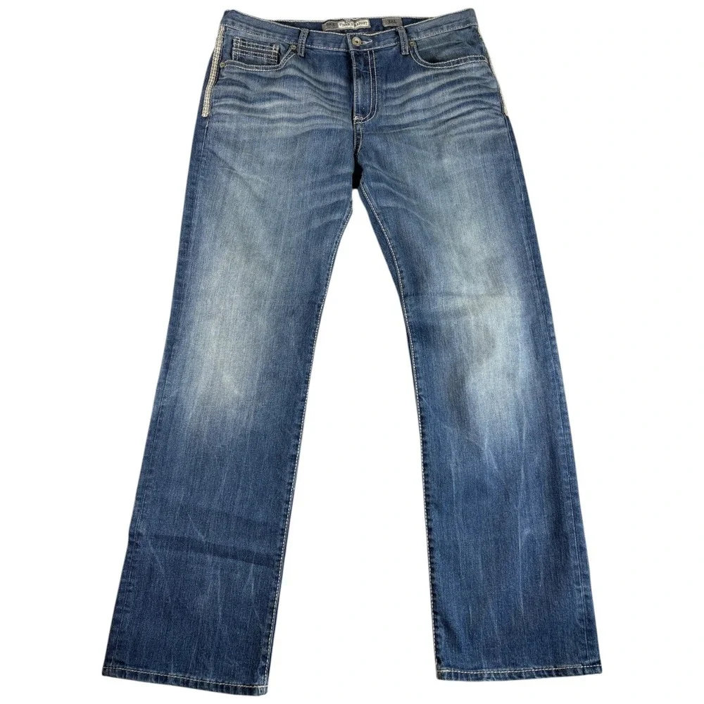 BKE Buckle Tyler Straight Jeans Mens 38L Blue Washed Rugged Workwear Outdoor